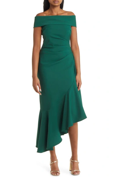 Shop Eliza J Off The Shoulder Asymmetric Ruffle Cocktail Dress In Emerald