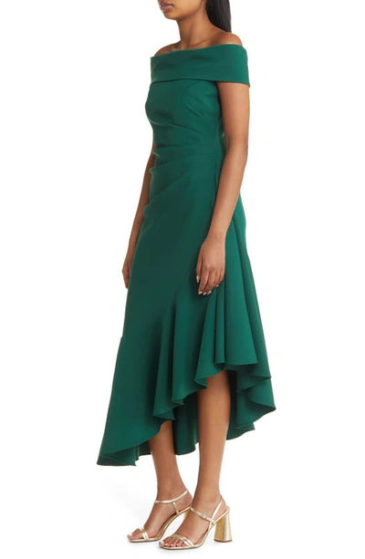 Shop Eliza J Off The Shoulder Asymmetric Ruffle Cocktail Dress In Emerald