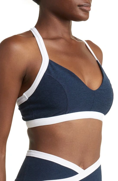 Shop Beyond Yoga Spacedye Outlines Sports Bra In Nocturnal Navy-cloud White