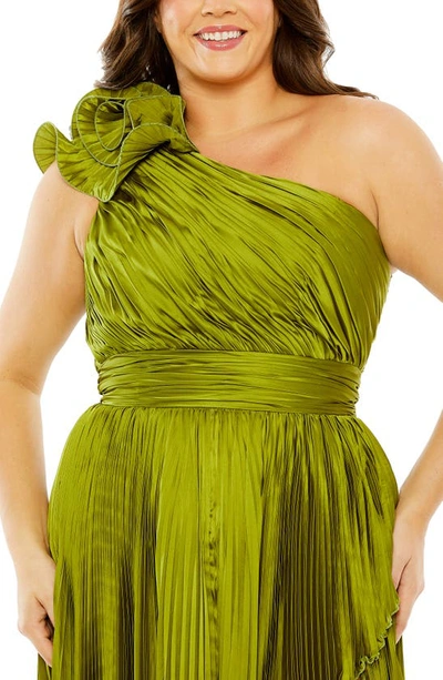 Shop Fabulouss By Mac Duggal Rosette One-shoulder Pleated Gown In Apple Green