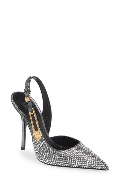 Shop Versace Safety Pin Crystal Slingback Pump In Silver/ Gold