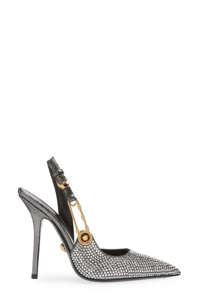 Shop Versace Safety Pin Crystal Slingback Pump In Silver/ Gold