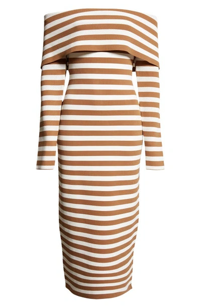Shop Lela Rose Stripe Off The Shoulder Knit Dress In Sandalwood/ Ivory