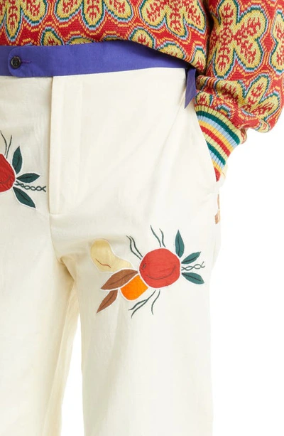 Shop Bode Fruit Bunch Appliqué Cotton & Linen Pants In Ivory White Multi