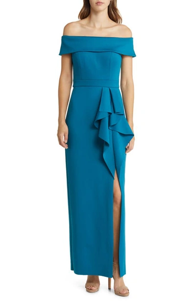 Shop Vince Camuto Ruffle Off The Shoulder Gown In Teal