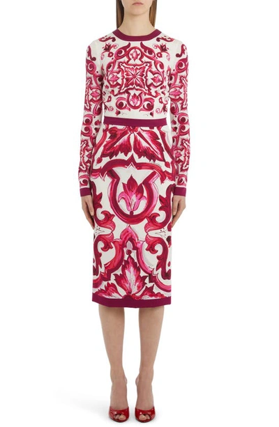 Shop Dolce & Gabbana Majolica Long Sleeve Dress In Fuschia