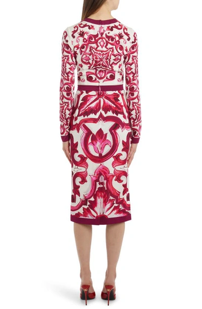 Shop Dolce & Gabbana Majolica Long Sleeve Dress In Fuschia