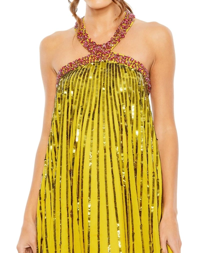 Shop Mac Duggal High Neck Open Back Embellished Trapeze Dress In Gold