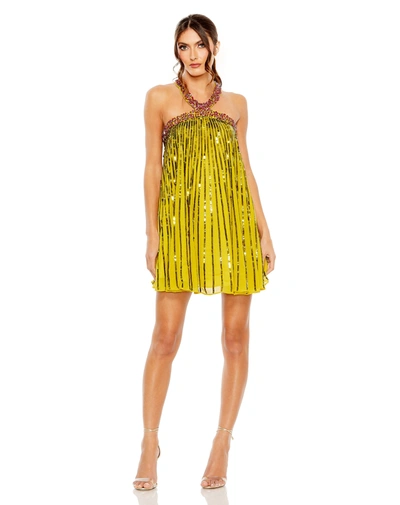 Shop Mac Duggal High Neck Open Back Embellished Trapeze Dress In Gold