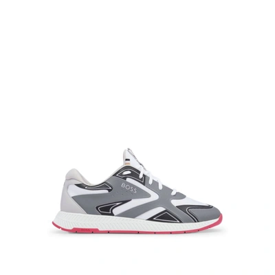 Shop Hugo Boss Mixed-material Lace-up Trainers With Tonal Branding In Grey