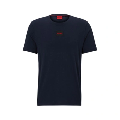 Shop Hugo Regular-fit Cotton T-shirt With Red Logo Label In Blue