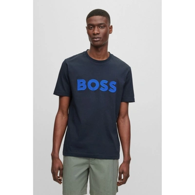 Shop Hugo Boss Cotton-jersey Regular-fit T-shirt With Logo Appliqu In Blue