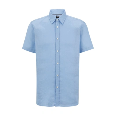 Shop Hugo Boss Slim-fit Short-sleeved Shirt In Stretch-linen Chambray In Blue
