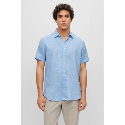 Shop Hugo Boss Slim-fit Short-sleeved Shirt In Stretch-linen Chambray In Blue