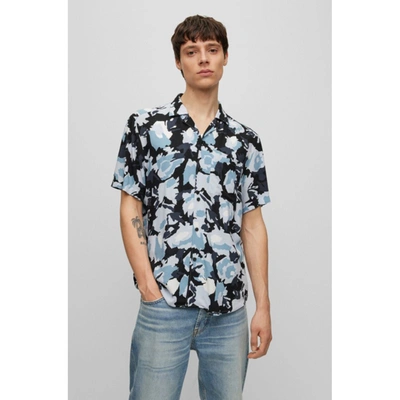 Shop Hugo Relaxed-fit Shirt In Floral-print Poplin In Blue