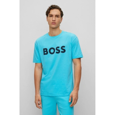 Shop Hugo Boss Cotton-jersey Crew-neck T-shirt With Logo Print In Blue