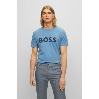 Shop Hugo Boss Cotton-jersey T-shirt With Rubber-print Logo In Blue