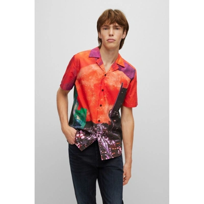 Shop Hugo Relaxed-fit Shirt In Cotton Poplin With Seasonal Print In Pink