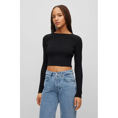 Shop Hugo Cropped Slim-fit Sweater In A Stretch Ribbed Knit In Black