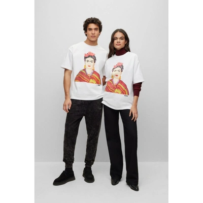 Shop Hugo Boss Relaxed-fit Cotton T-shirt With Frida Kahlo Graphic In White