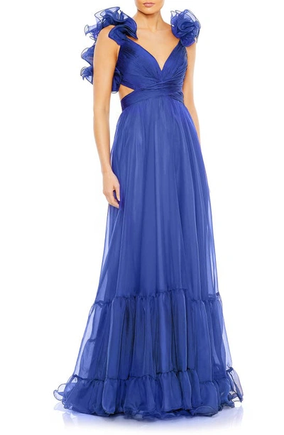 Mac Duggal Sleeveless Ruffle Tiered Cut-out Chiffon Gown In Cobalt