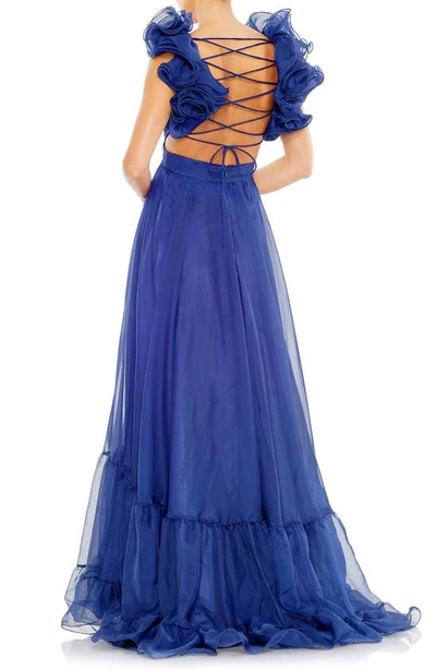 Shop Mac Duggal Rosette Chiffon Cutout Empire Waist Gown In Cobalt