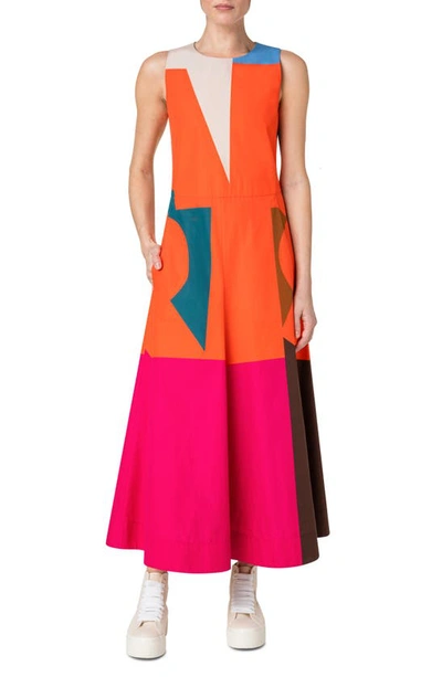 Shop Akris Colorblock Sleeveless Cotton Poplin Midi Dress In Orange Multicolor