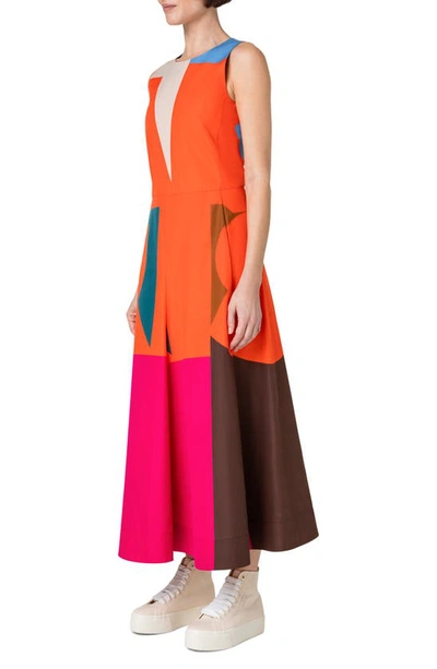 Shop Akris Colorblock Sleeveless Cotton Poplin Midi Dress In Orange Multicolor