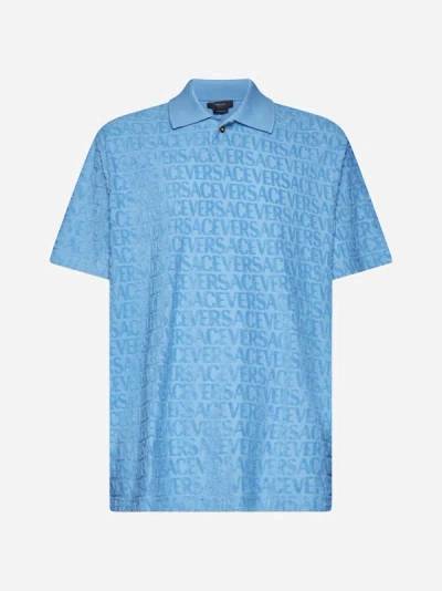 Shop Versace Logo Terry Polo Shirt In Summer Sky Blue