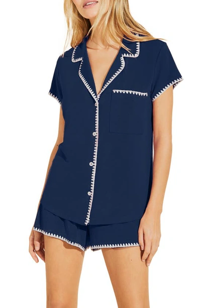 Shop Eberjey Whipstitch Jersey Short Pajamas In Navy/ Ivory