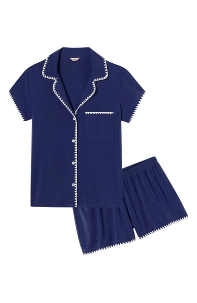 Shop Eberjey Whipstitch Jersey Short Pajamas In Navy/ Ivory