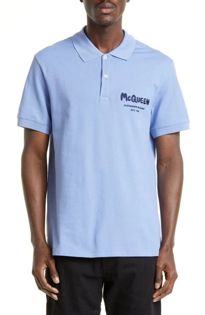 Shop Alexander Mcqueen Graffiti Logo Cotton Piqué Polo In Bluebell