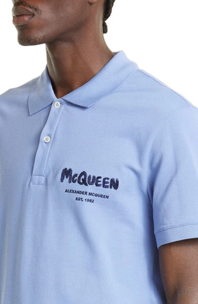 Shop Alexander Mcqueen Graffiti Logo Cotton Piqué Polo In Bluebell