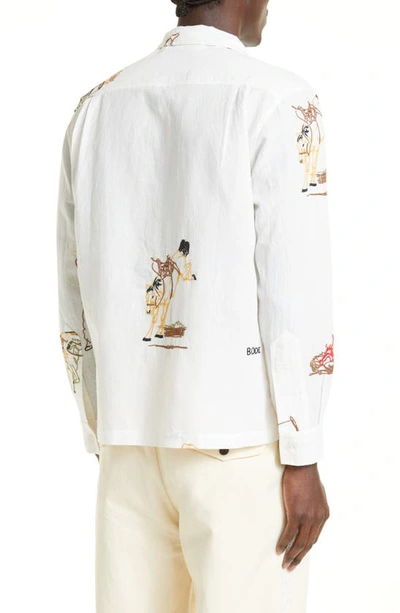 Shop Bode Boxy Buckaroo Embroidered Long Sleeve Linen & Cotton Button-up Shirt In White Multi