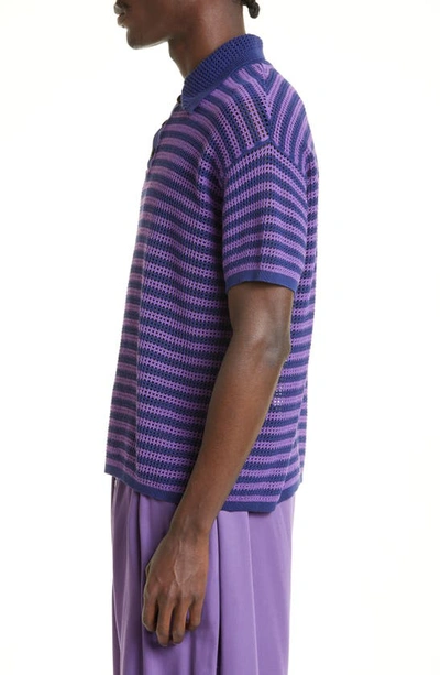 Shop Bode Stripe Lattice Knit Cotton Polo In Lavender