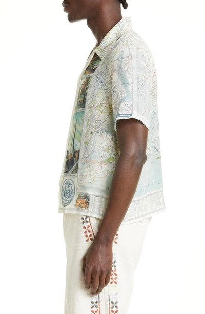 Shop Bode New York City Map Short Sleeve Silk Button-up Shirt In Multi Ivory
