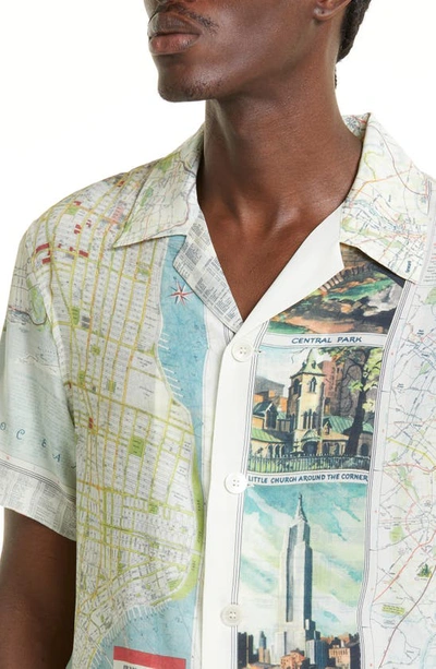 Shop Bode New York City Map Short Sleeve Silk Button-up Shirt In Multi Ivory