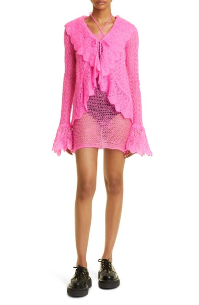 Shop Erl Mohair Blend Pointelle Cardigan In Pink