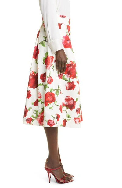 Shop Carolina Herrera Rose Print Button Front Cotton A-line Skirt In Pearl Multi
