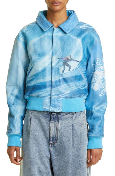 Shop Erl Gender Inclusive Surfer Print Leather Bomber Jacket In  Crystal Blue