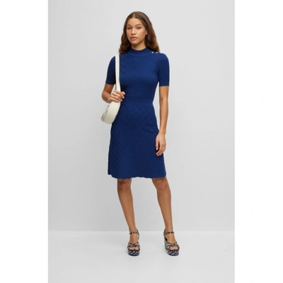 Shop Hugo Boss Short-sleeved Dress With Knitted Structure In Blue
