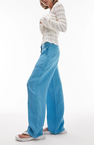 Shop Topshop Linen Straight Leg Cargo Trousers In Medium Blue