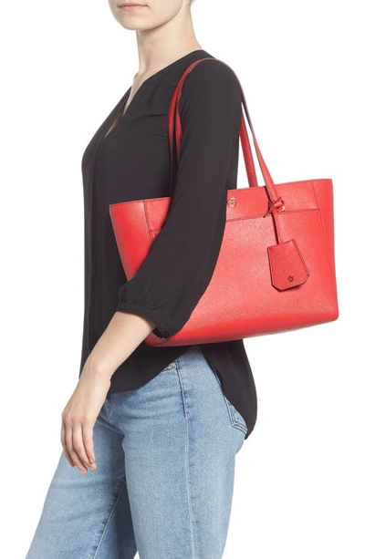 Shop Tory Burch Small Robinson Leather Tote In Brilliant Red