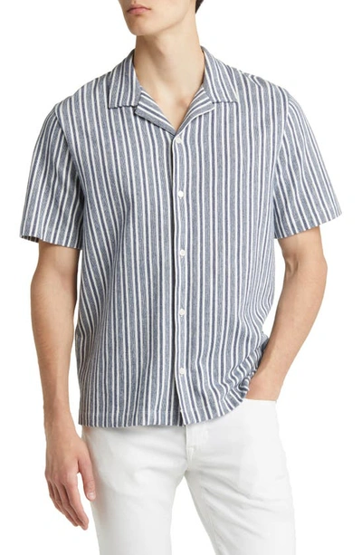 Vince Cabana Stripe Cotton Short Sleeve Button-up Shirt In Twilight Blue/ Off Wh