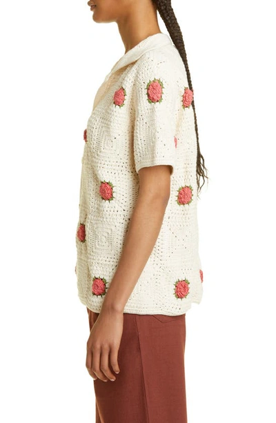 Shop Bode Rosette Short Sleeve Crochet Button-up Shirt In Beige/ Pink
