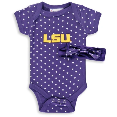 Shop Two Feet Ahead Girls Newborn & Infant Purple Lsu Tigers Hearts Bodysuit And Headband Set