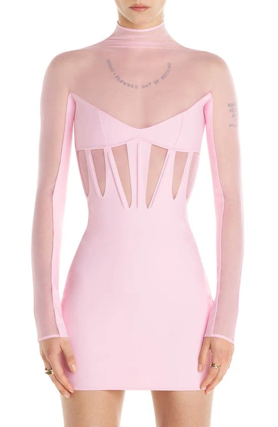 Shop Mugler Long Sleeve Mesh Corset Dress In Pink