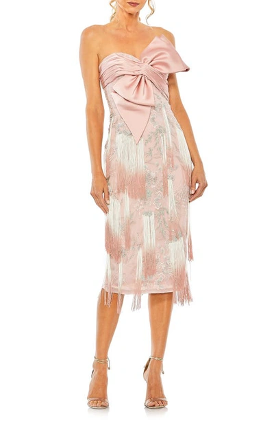 Shop Mac Duggal Bow Front Strapless Fringe Midi Dress In Rose