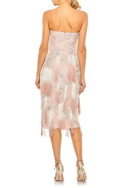 Mac Duggal Bow Front Strapless Fringe Midi Dress In Rose