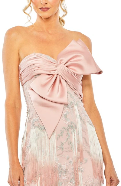 Mac Duggal Bow Front Strapless Fringe Midi Dress In Rose